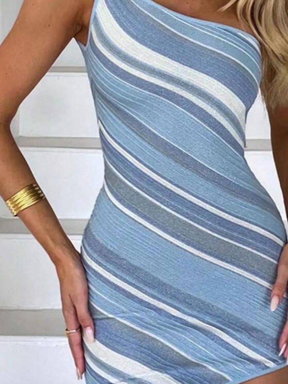 One-Shoulder Blue Striped Bodycon Dress